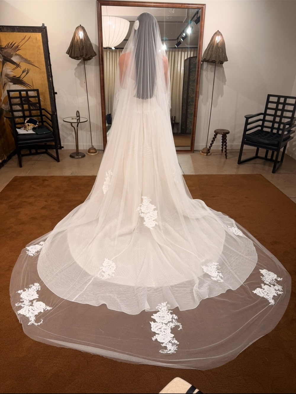 Bridal Cathedral Veil with Lace Appliqué in White